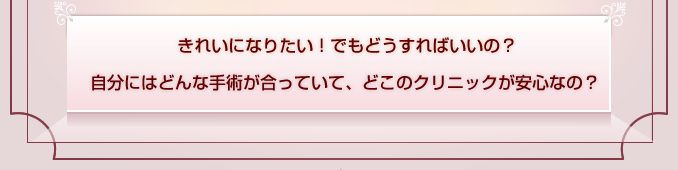 きれいになりたい！でもどうすればいいの？
自分にはどんな手術が合っていて、どこのクリニックが安心なの？